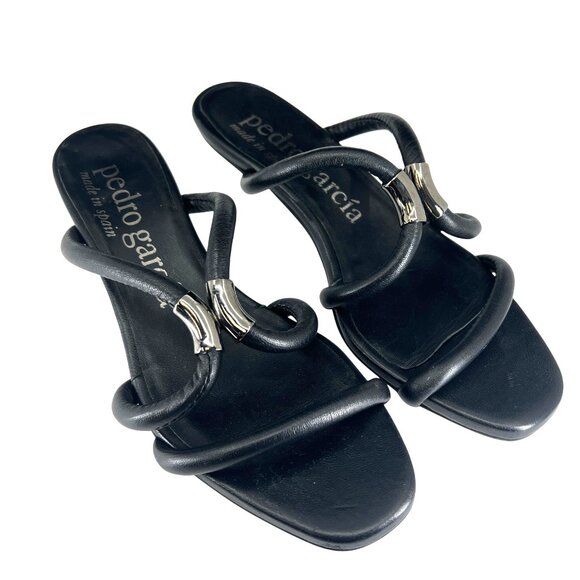 Pedro Garcia Black Leather Open Toe Heeled Sandals Size 6 small Womens - Picture 1 of 8